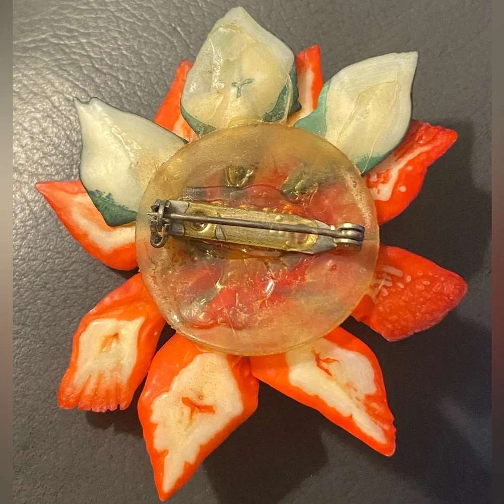 Vintage Hand Made Christmas Poinsettia Flower Brooch Matching Screw Back Earring